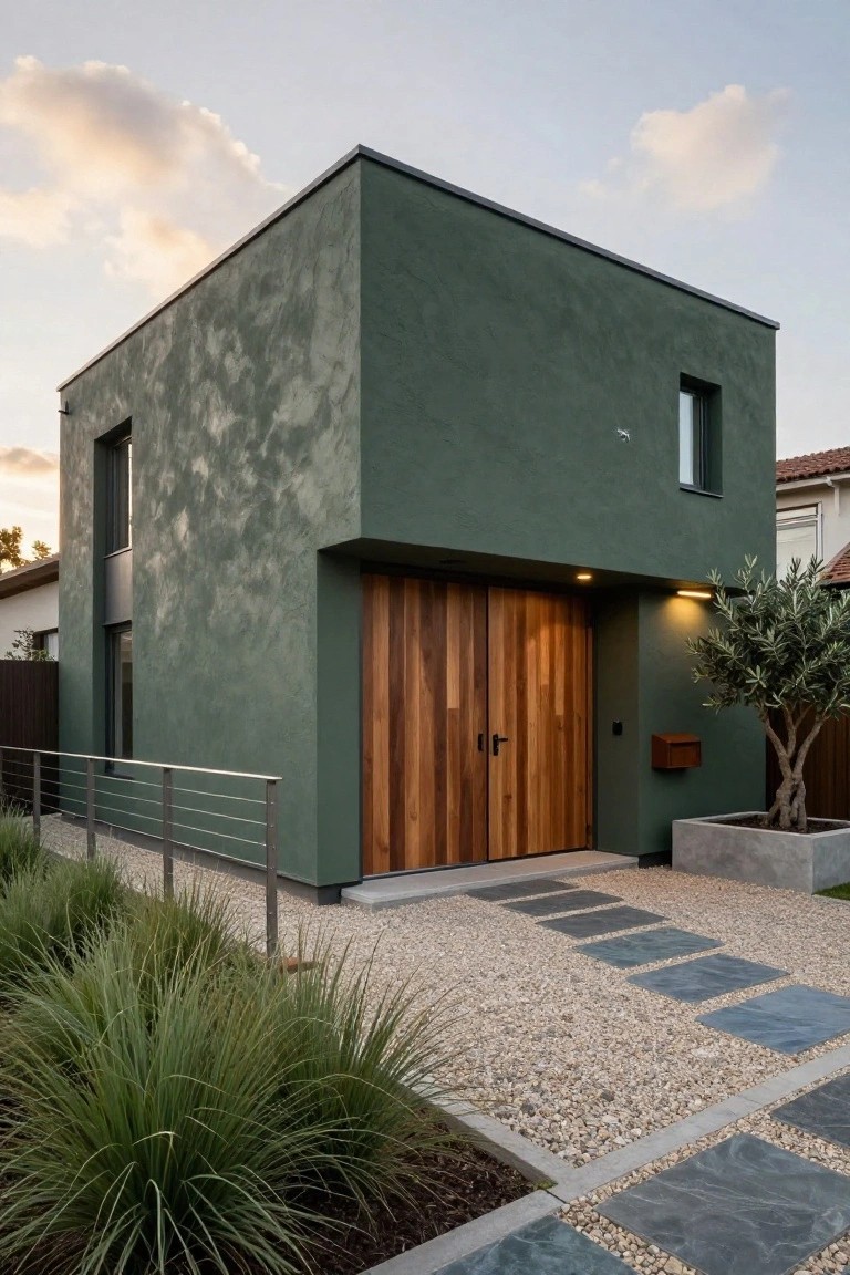 Modern cubic house with textured green stucco walls, wooden double garage doors, gravel path with stone steps, ornamental grasses, concrete planter with olive tree, and metal railing at dusk.