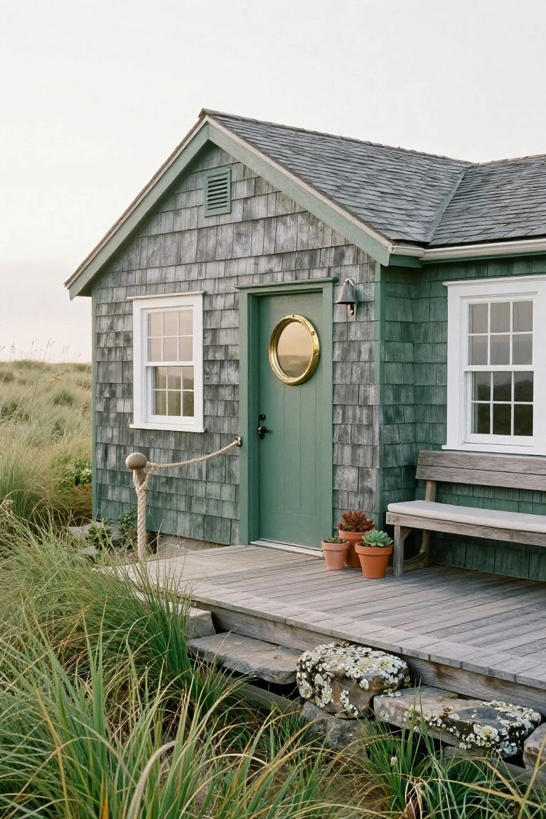 Small green shingled cottage with green front door featuring a brass porthole window, rope post railing, wooden bench, potted plants on deck, surrounded by dune grasses and rocks.