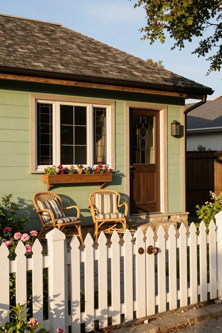 Mint green house exterior with cedar shake roof, large window with flower box, wooden door with stained glass panel, two wicker chairs on porch steps, white picket fence, and surrounding garden plants.