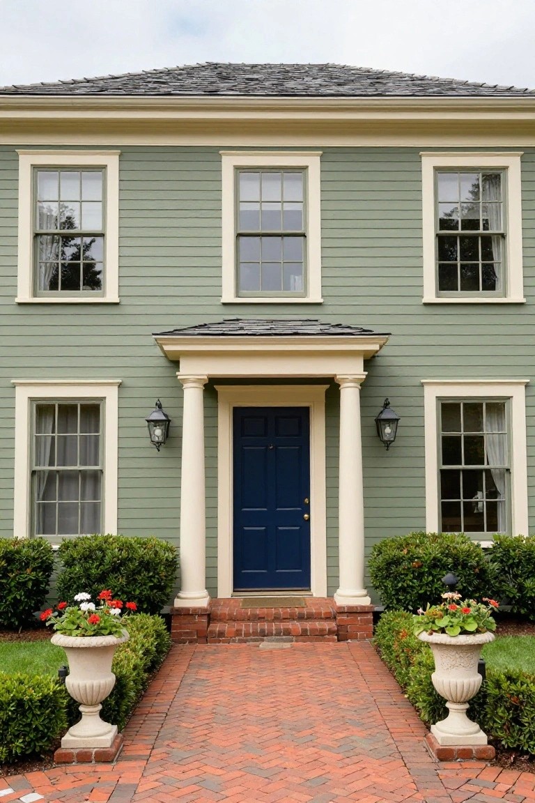 A two-story light green clapboard house with white trim and symmetrical windows, centered navy blue front door under a portico with white columns, flanked by lanterns, brick walkway, urns with flowers, and boxwood shrubs.