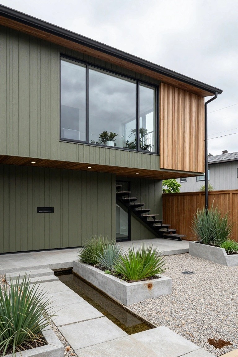 Modern two-story house exterior featuring vertical green siding, light wood cladding on the upper corner, large glass windows, black metal entry stairs, concrete planters with agave plants, a shallow water channel, and gravel ground cover.