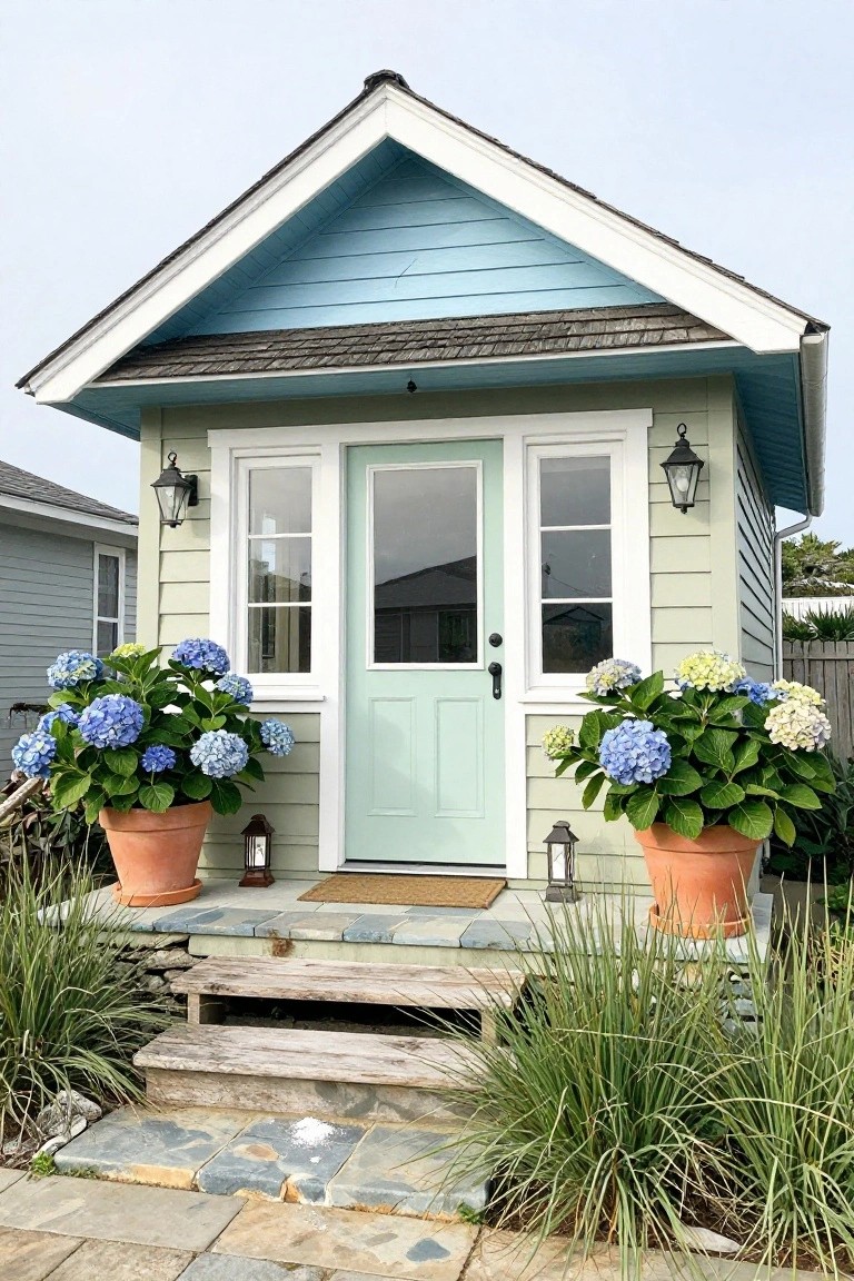 Small cottage house with pale green horizontal siding, blue gabled roof, white trim, mint green front door with glass panels, flanked by large blue hydrangeas in terracotta pots, lanterns, wooden steps, and grass plantings on a stone path.