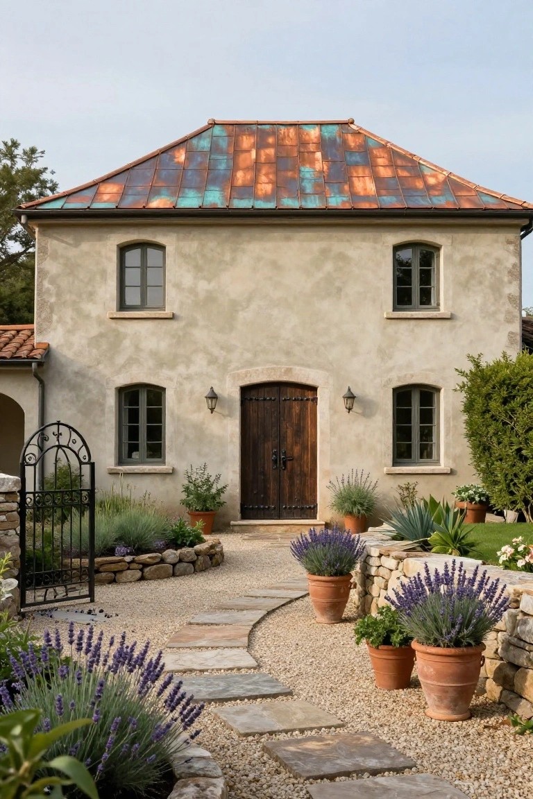 Beige stucco house with green-patinated copper tile roof, wooden front door, arched windows, gravel pathway lined with lavender plants in terracotta pots, and stone retaining walls.