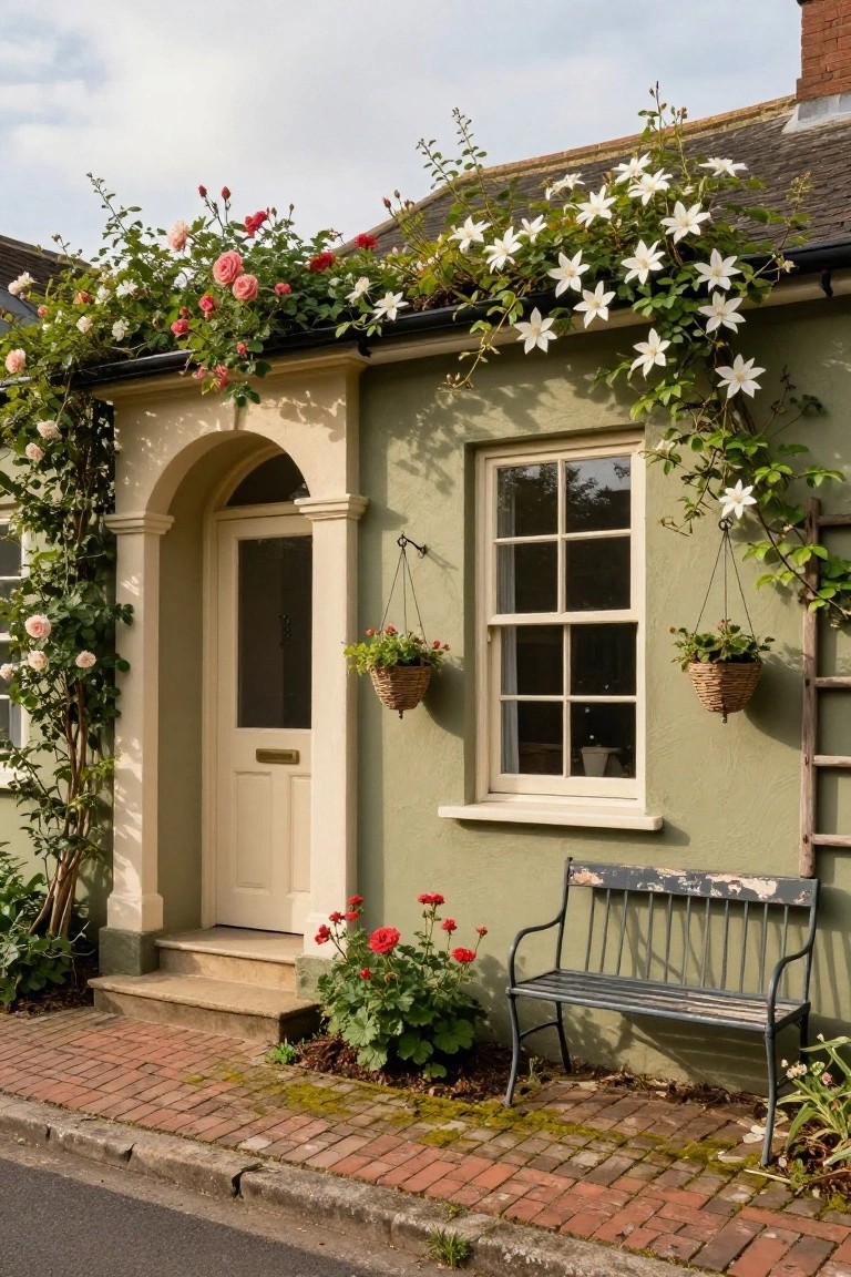 Pale green cottage with arched entryway framed by climbing pink roses and white clematis, hanging basket plants on the window, red geraniums in pots, a weathered green bench, and brick path.