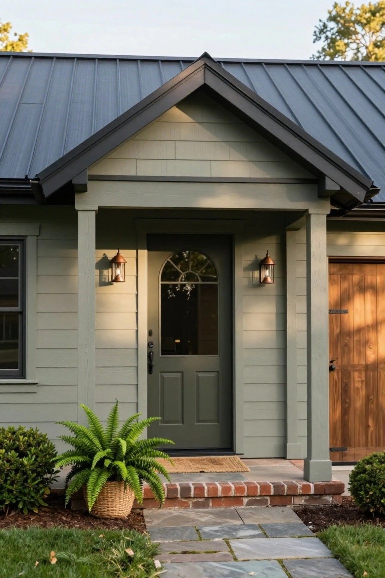 Front view of a single-story house with sage green horizontal siding, dark gray standing seam metal gable roof, covered porch with dark green door and glass storm door, copper lanterns, potted fern on brick steps, stone walkway, and low shrubs.