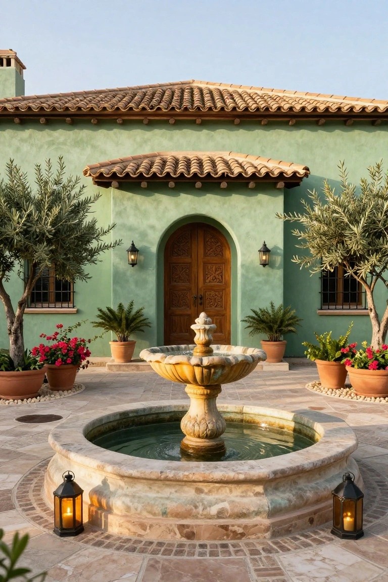 Mint green stucco house with terracotta tile roof, arched wooden door flanked by lanterns, olive trees, potted plants and flowers, and a central stone fountain in a tiled courtyard entrance.