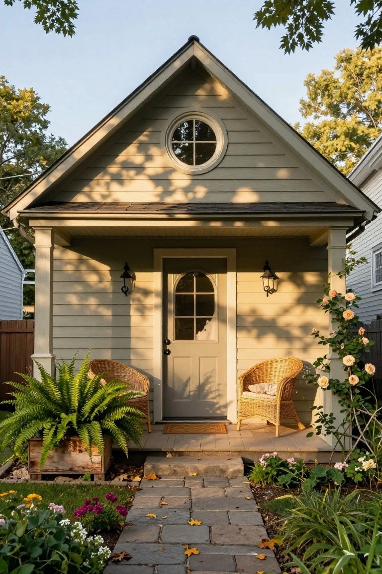 Small cottage exterior painted pale sage green with white trim, gabled roof and round window, covered porch with glass-paneled door flanked by lanterns and wicker chairs, potted ferns, climbing roses, flower beds, and stone path.