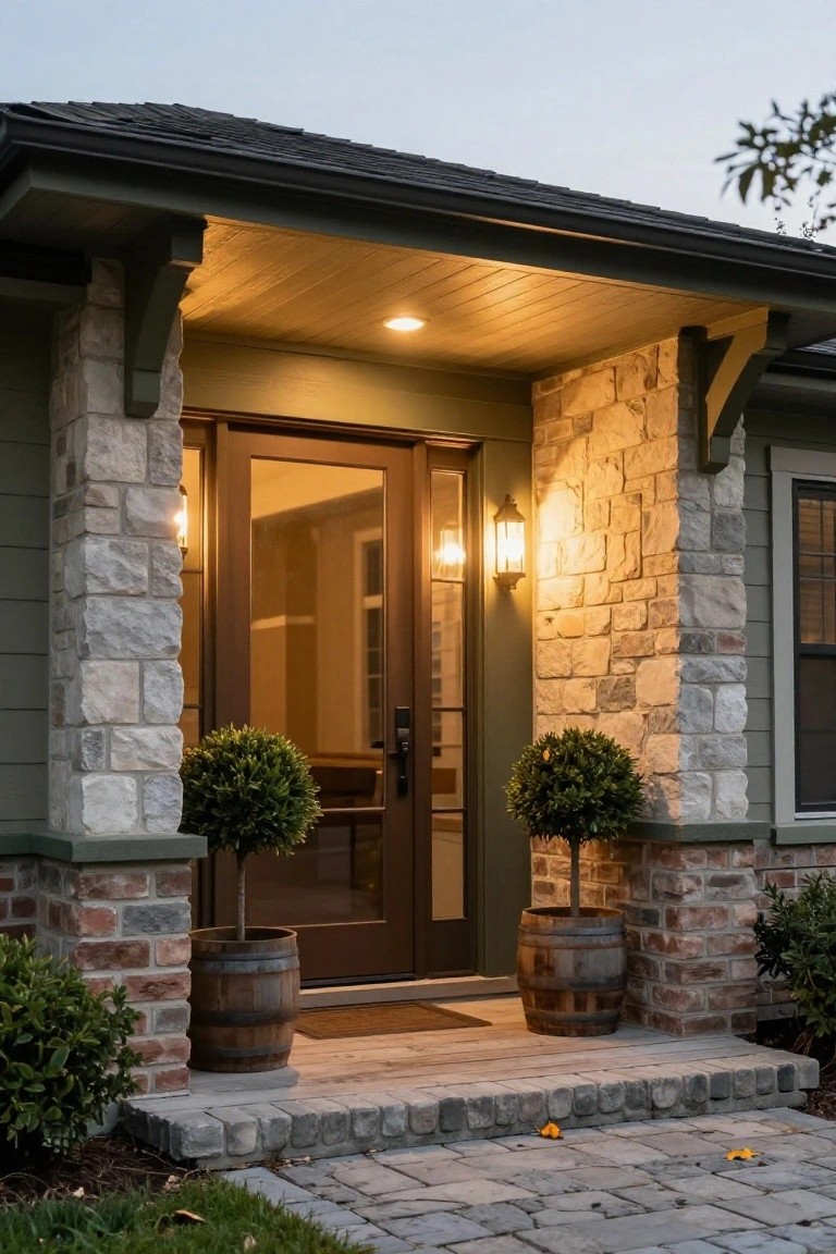 House front with sage green siding, tall beige stone pillars flanking a glass-paneled dark wood door under a covered porch, whiskey barrel planters holding round boxwood topiaries, wall-mounted lantern lights, brick accents at the base, and stone steps leading to a paver walkway.