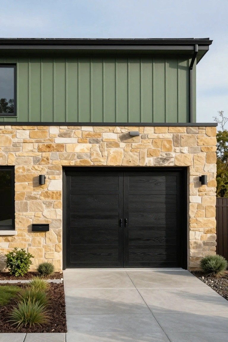 House exterior with green vertical board-and-batten siding on the upper section above beige sandstone walls framing a black double garage door, concrete driveway, and low plantings.
