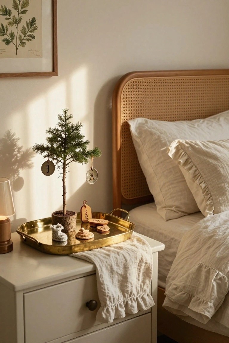 Small potted Christmas tree with wooden disc ornaments including a number one and a symbol, placed on a brass tray on a white nightstand next to a bed with rattan headboard and white linens.