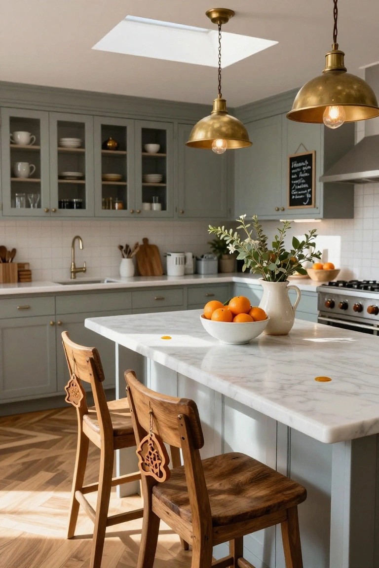 Sage green kitchen cabinets with glass-front uppers displaying dishes, white subway tile backsplash, brass pendant lights, marble island with wooden bar stools featuring carved backs, bowl of oranges, and hardwood floors.