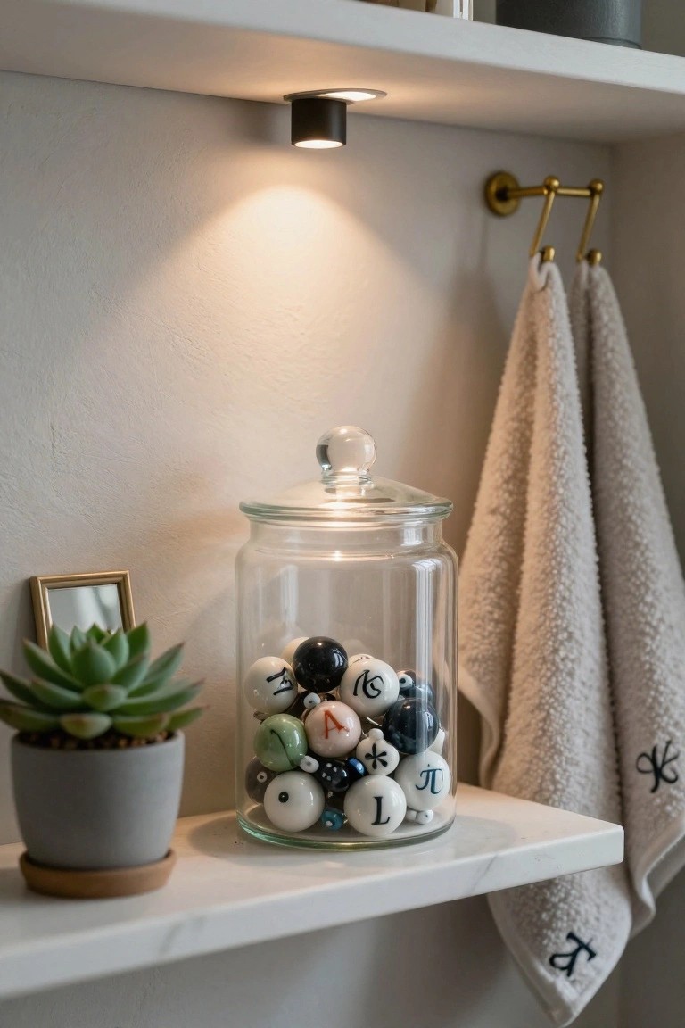 Clear glass jar on a white bathroom shelf filled with colorful glass spheres featuring numbers, letters, and symbols, next to a potted succulent plant and hanging beige towels.