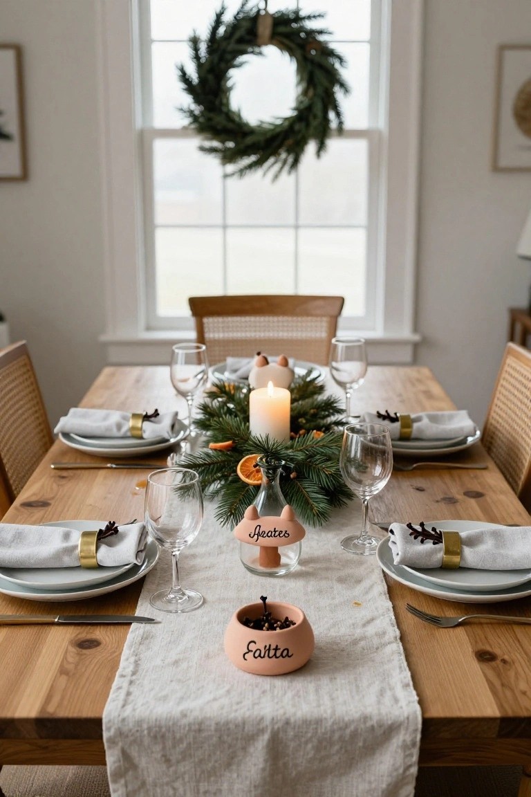 Close-up of a wooden dining table set for Christmas dinner with white plates, gold napkin rings, linen runner, greenery and orange centerpiece, burning candles, wine glasses, and a central pink ceramic bowl labeled "Fetta" filled with cloves, rattan chairs, and a window with evergreen wreath behind.