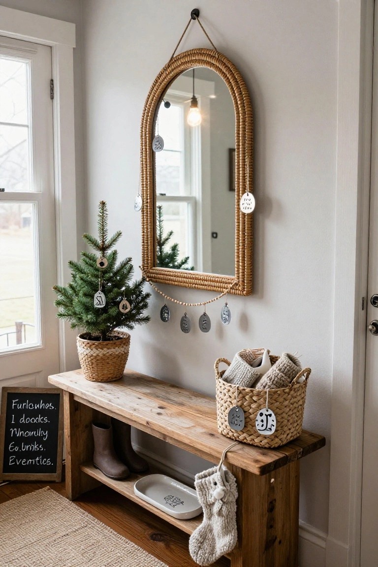 Entryway corner with wooden bench holding boots and baskets, small potted Christmas tree decorated with wooden ornaments, rattan arch mirror with hanging garland of disc ornaments, and chalkboard sign nearby.
