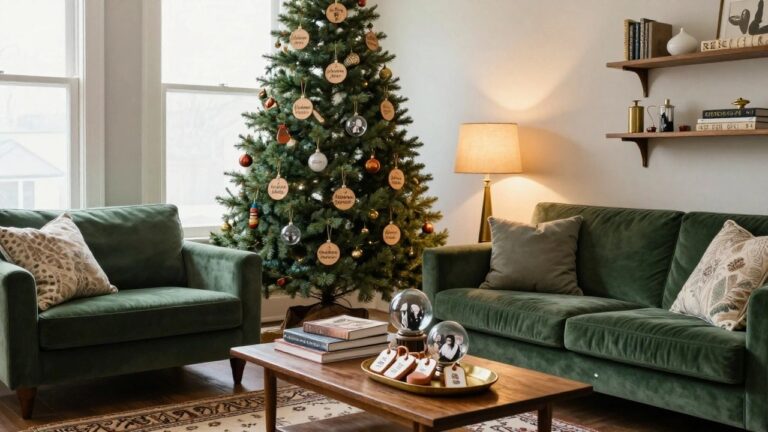 Living room corner with a lit Christmas tree decorated with personalized wooden name ornaments, glass baubles, and photo-filled spheres, flanked by green velvet sofas and a wooden coffee table holding books and brass tray.