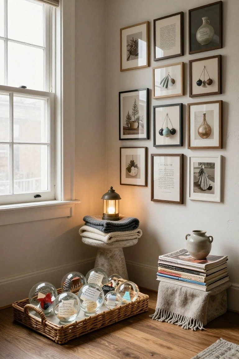 Cozy indoor room corner featuring a large window, assorted framed artwork on beige walls, stone pedestal table with lantern lamp and folded blankets, gray pottery vase, stack of magazines on fabric-covered stool, and woven basket on wood floor holding clear glass orbs with handwritten notes and small objects inside.