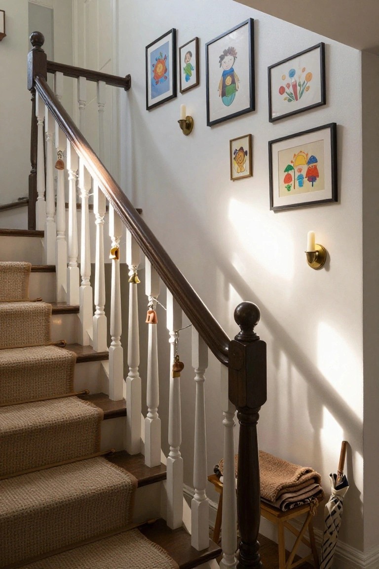Wooden staircase with white balusters and dark handrail, decorated with strings of small bells and ornaments hanging from the railing, colorful framed children's drawings on white walls, wall sconces, and a folding stool with folded blankets and an umbrella at the base.