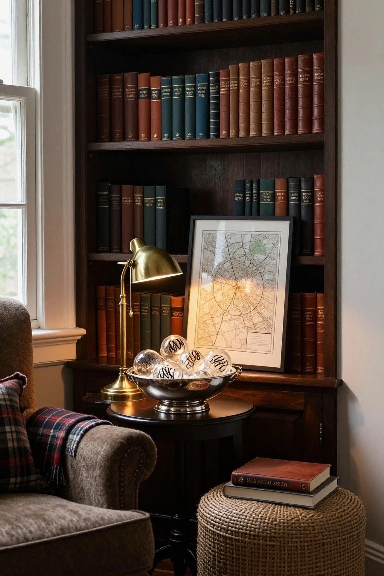 Wooden bookshelves filled with leather-bound books surround a brass desk lamp illuminating a framed map, with a silver bowl holding clear glass ornaments on a round side table next to a brown armchair draped in plaid and a woven stool.