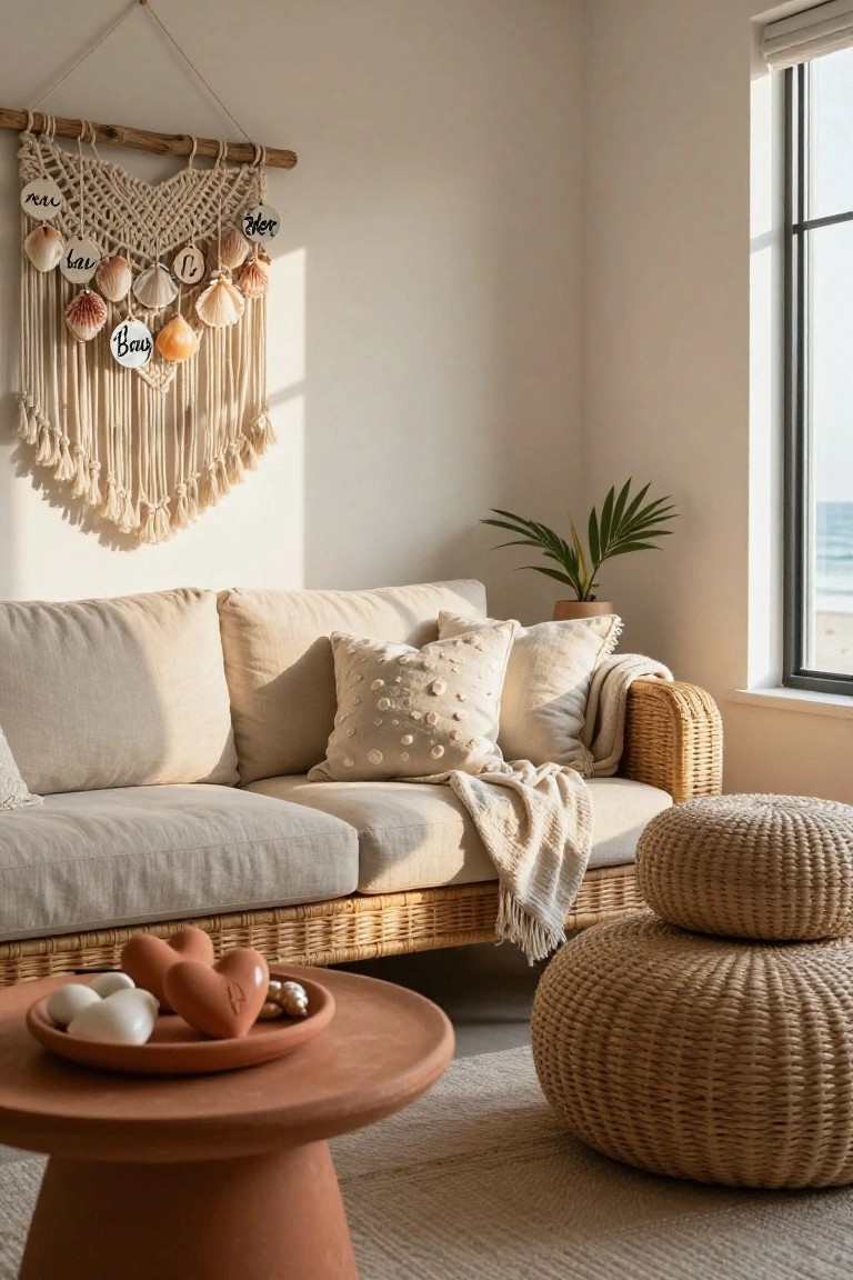 Cozy beige linen sofa on rattan frame with pillows and throw, rattan poufs, terracotta table holding heart soaps and eggs, potted palm plant, macrame wall hanging with labeled shells, and window overlooking ocean in a light-filled room.