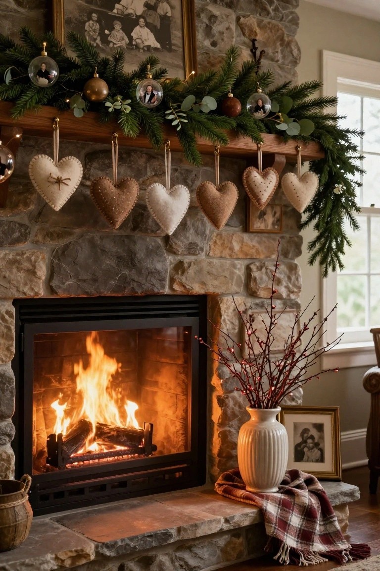 Stone fireplace with burning logs, wooden mantel draped in evergreen garland with eucalyptus, gold ornaments, clear glass baubles containing family photos, and hanging stuffed felt heart ornaments in neutral tones, plus plaid blanket, white vase with red twigs, and wicker basket on the hearth.