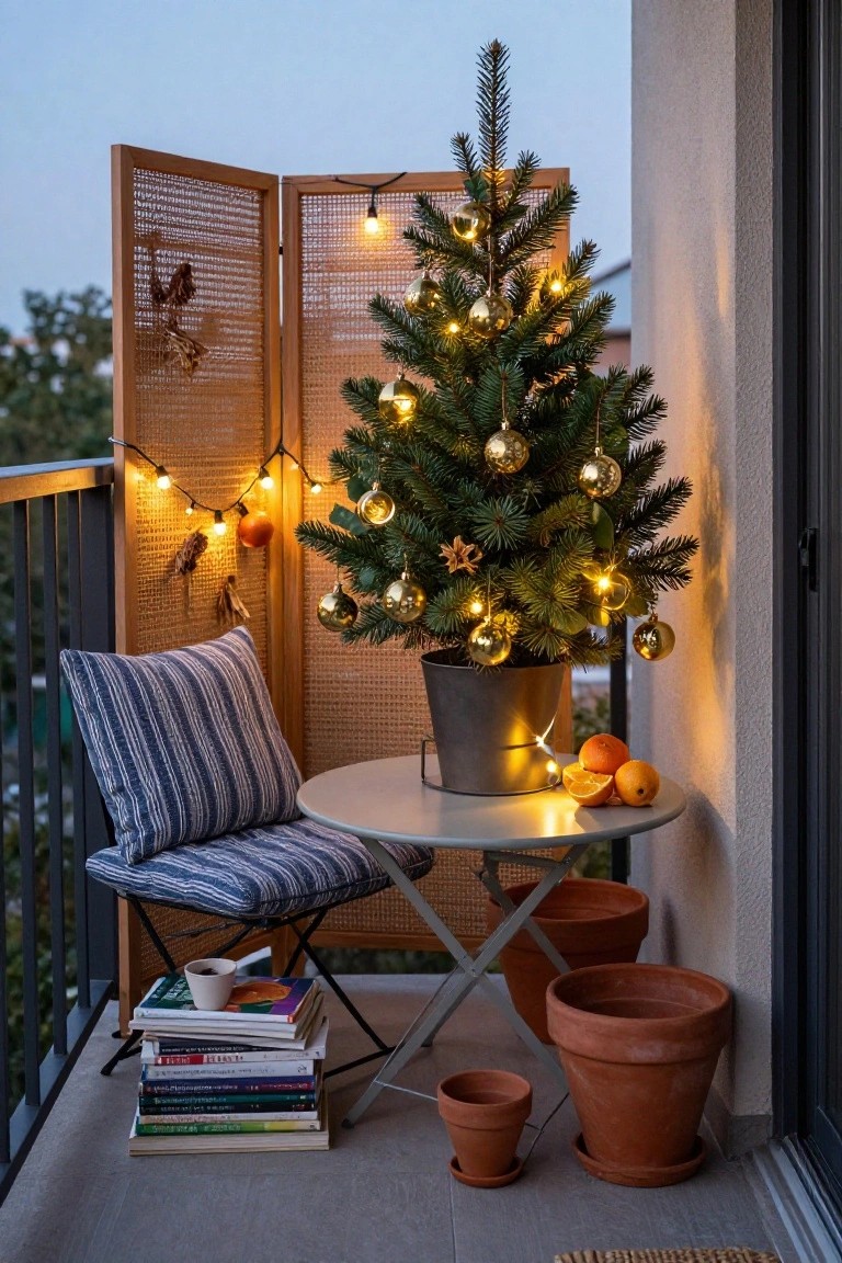 Small potted Christmas tree with gold ornaments and string lights on a balcony near bamboo screens, a striped cushion on a folding chair at a metal table with books, coffee cup, oranges, and terracotta pots.