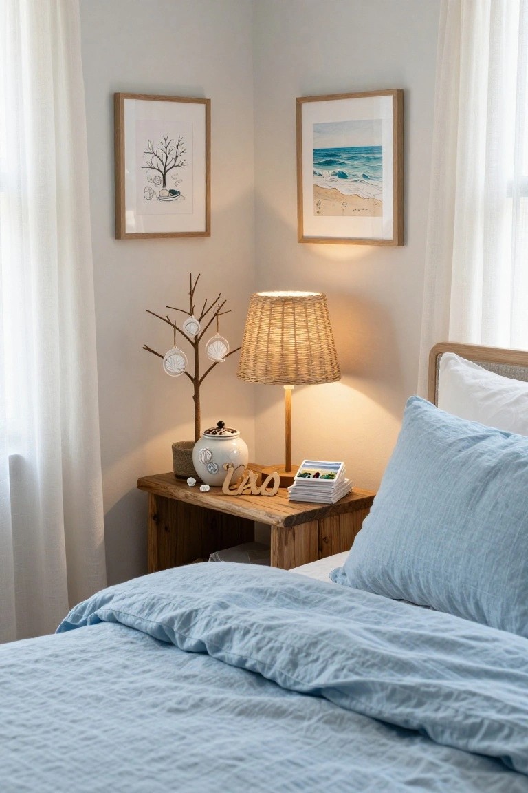 Bedroom corner with light gray walls, wooden nightstand holding a small driftwood branch tree decorated with white seashell ornaments, a rattan lamp, white jar with lid, and stacked trays, next to a bed with white and light blue linens and pillows.