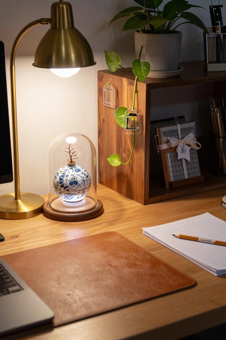Wooden desk with MacBook laptop on leather mat, open notebook, yellow pencil, gold adjustable lamp, and glass-domed blue and white porcelain vase holding miniature tree on illuminated wood base, beside plant shelf and potted greenery.