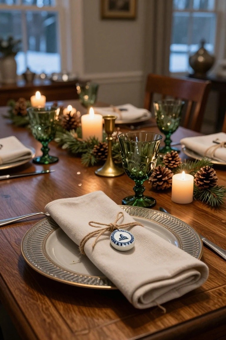 Closeup of a wooden dining table set for Christmas with green glassware, pinecones, fir branches, white candles, gold-rimmed plates, beige linen napkins tied with twine and small white porcelain ornaments, and silverware.