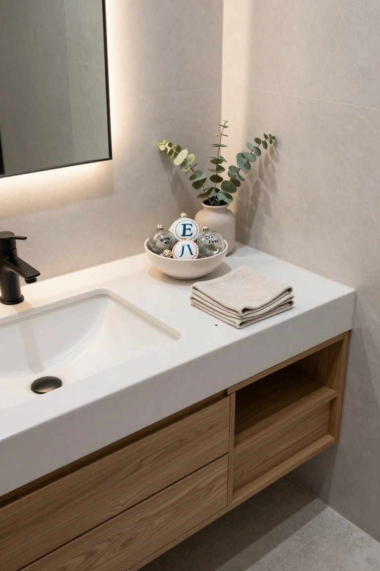 Modern bathroom vanity with white sink, black faucet, oak wood cabinets, backlit mirror, folded towels, eucalyptus plant in pot, and white bowl holding assorted personalized Christmas ornaments on the quartz countertop.