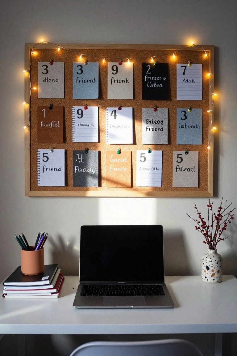 Corkboard on a wall with pinned paper cards labeled 1 through 9, days like Friday and Monday, handwritten names such as Dena and Friend, surrounded by warm string lights, above a white desk holding a closed MacBook laptop, stacked notebooks, pen holder with colored pencils, and potted plants.