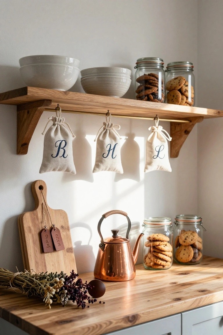 Kitchen shelf with white bowls, glass jars of cookies, hanging white linen bags monogrammed R H L, wooden cutting board, copper kettle, and dried herbs on a wooden counter.