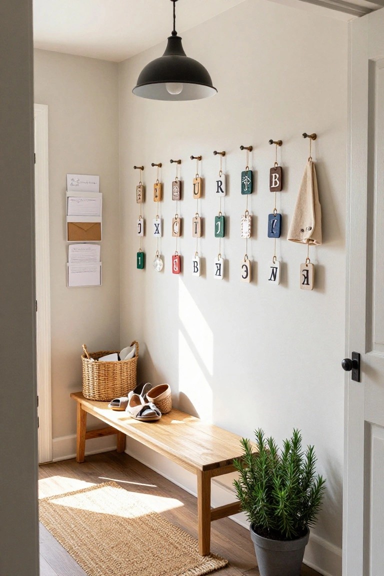 Entryway corner with light gray walls, a row of colorful wooden letter plaques hanging from hooks, a wooden bench holding shoes and a wicker basket, a potted rosemary plant, and a jute runner on hardwood floors.
