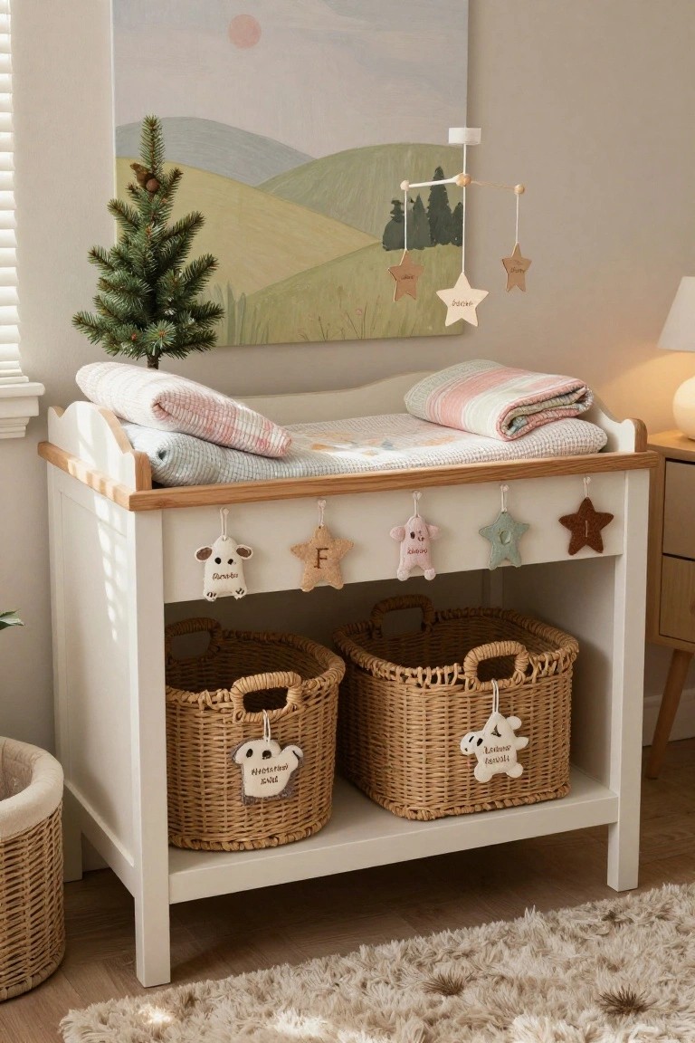 White wooden nursery changing table with pastel blankets, hanging personalized felt animals and wooden star ornaments, wicker baskets in shelves below, small Christmas tree nearby, and wall art of hills and sun.