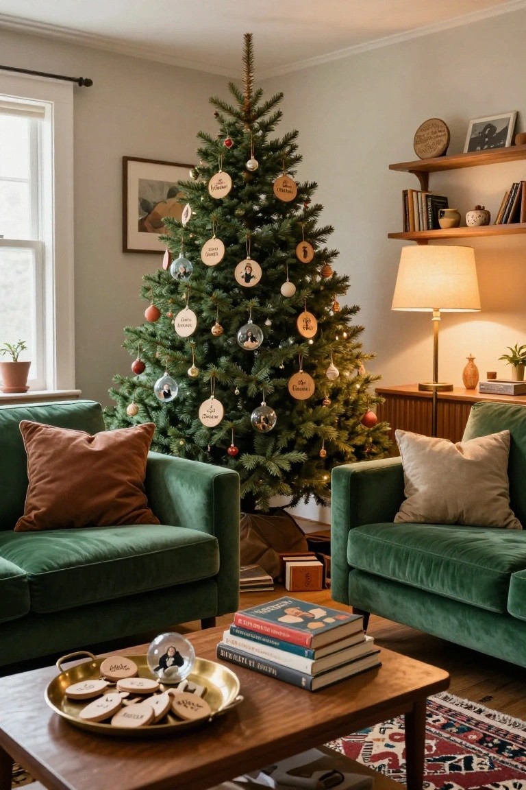 Living room corner with a lit Christmas tree decorated with personalized wooden name ornaments, glass baubles, and photo-filled spheres, flanked by green velvet sofas and a wooden coffee table holding books and brass tray.
