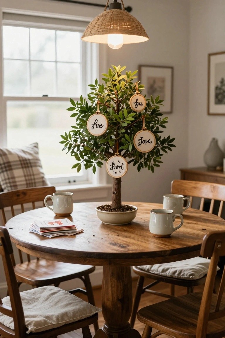Small artificial tree in a white bowl on a round wooden dining table decorated with four embroidered fabric hoop ornaments reading "Faith", "Hope", "Fun", and "Love", with two white mugs nearby and wooden chairs around in a light-filled room.