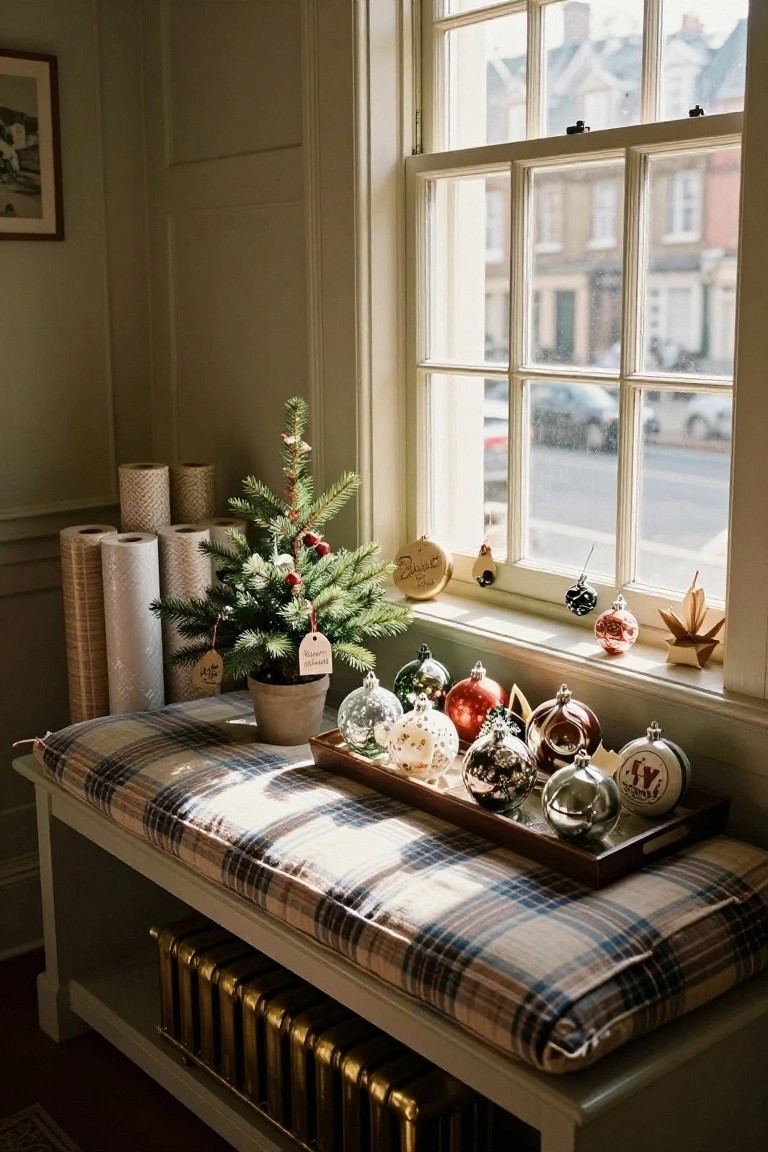 Cozy interior window nook with plaid-cushioned bench, small potted Christmas tree in terracotta pot, wooden tray of assorted colorful glass ornaments, rolls of textured wrapping paper, and street view through large multi-pane sash window.