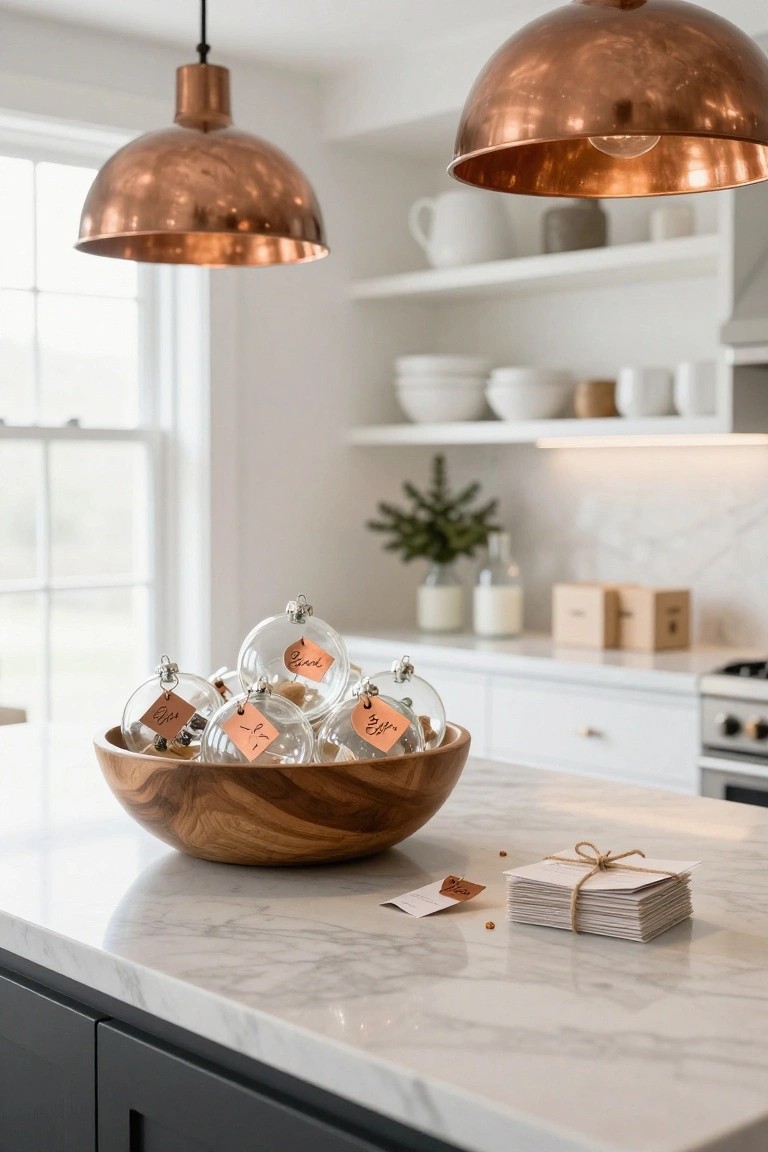 Wooden bowl on marble kitchen countertop filled with clear glass Christmas ornaments containing pebbles and copper tags with handwritten names, next to a stack of tied papers and scattered beads.