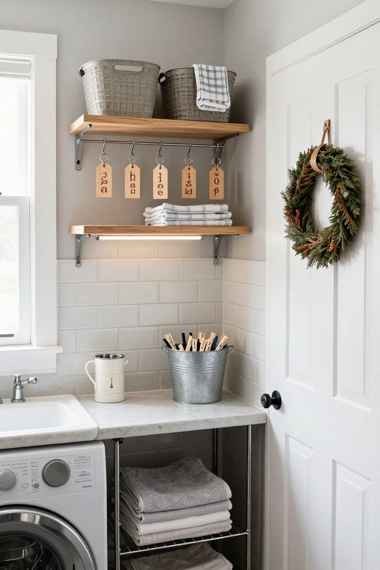 Laundry room with white washer, sink, wooden floating shelves holding baskets and towels, hooks labeled with wooden W A S H letters, galvanized bucket of clothespins, white subway tile backsplash, and evergreen wreath on white door.