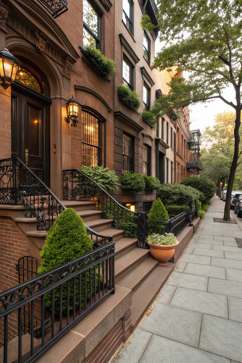 Row of three-story brown brick townhouses with arched entries, wrought iron stoop railings lined by boxwood shrubs, window box plantings, lanterns, and overhanging trees along a sidewalk.