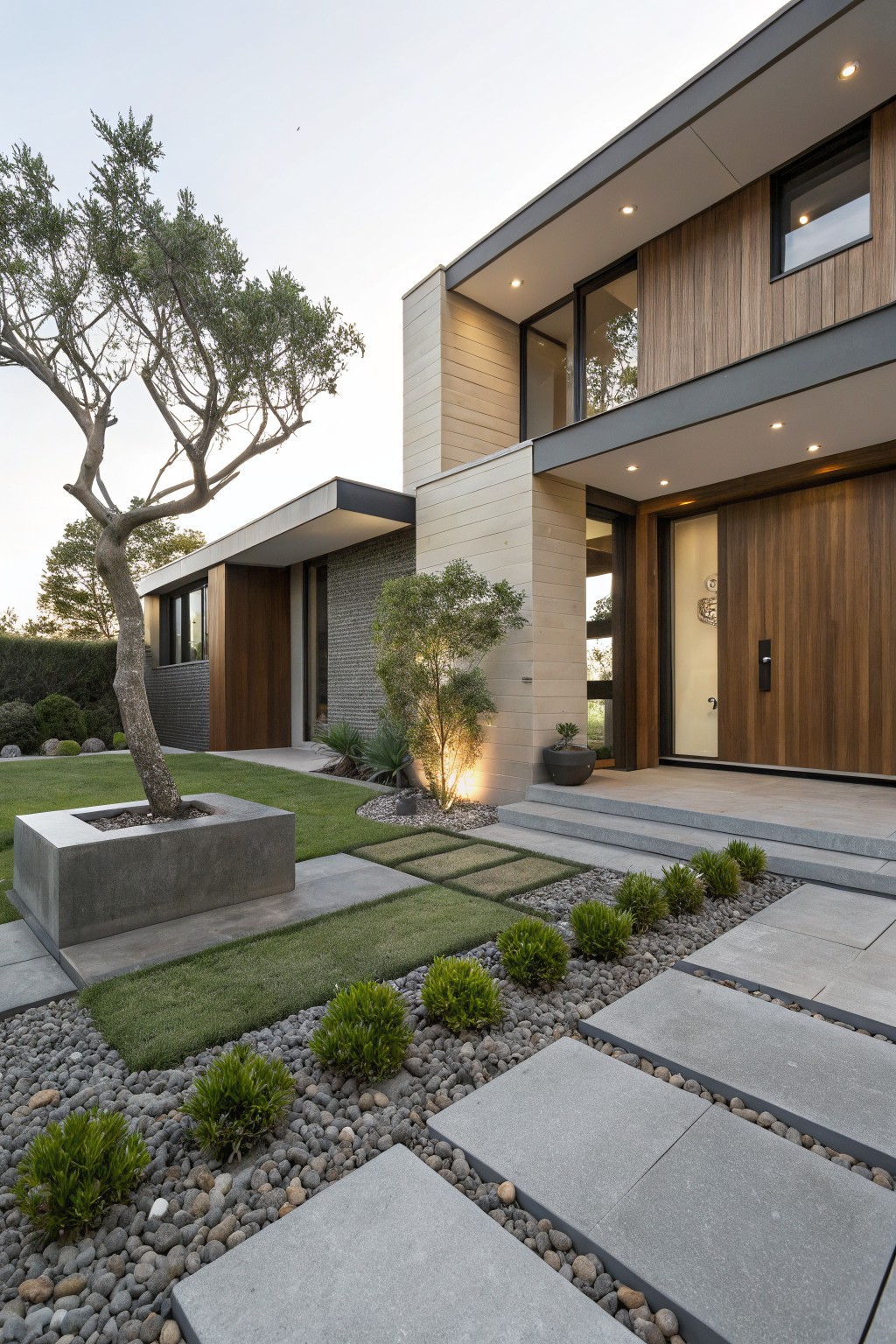 Modern two-story house exterior with beige stone and wood cladding, wooden entry door, concrete paver stepping stones through gravel and grass strips edged by low green shrubs, raised concrete planter with olive tree, and landscape lighting at dusk.