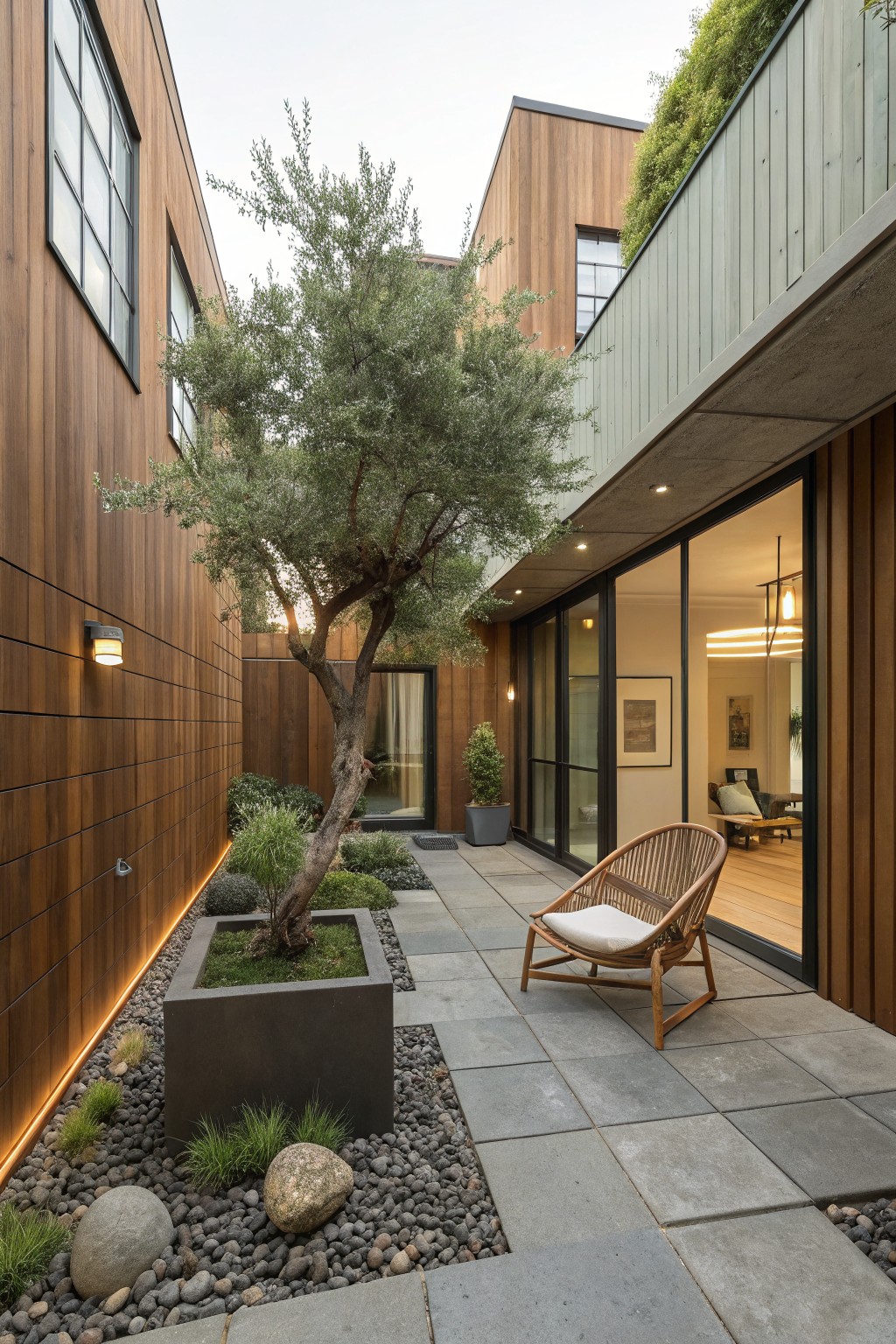 Courtyard patio enclosed by tall brown wood-clad walls, with a central olive tree in a large black square planter surrounded by gray pavers, dark gravel, rocks, and sparse grasses, a single rattan armchair, and open sliding glass doors revealing an interior room.