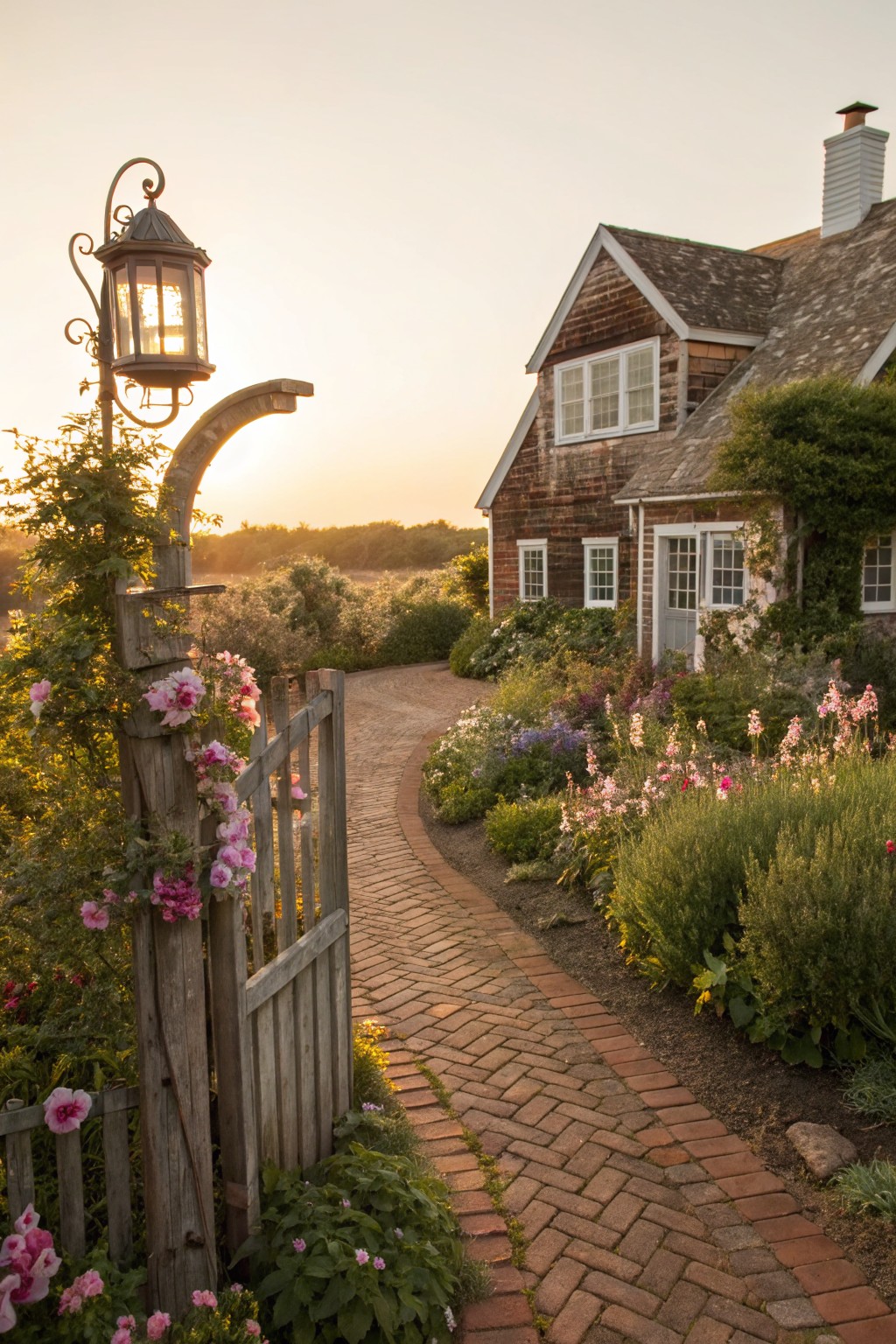 Shingled brown house exterior at sunset with a curved brick pathway through colorful flower beds, framed by a rustic wooden gate arch with climbing pink roses and a lantern post.