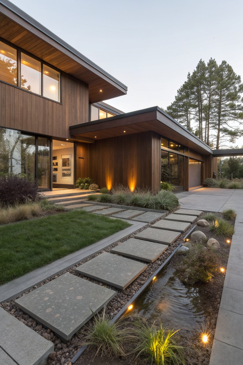Modern brown wood-clad house exterior at dusk with a concrete stepping stone pathway parallel to a linear water rill edged in gravel and grasses, leading to the entry door and garage.