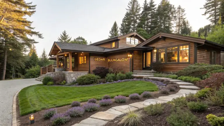 Brown cedar bungalow house exterior with wooden siding and large windows, featuring a curved pathway of stone slabs in gravel bordered by lavender plants and grasses, leading to stone entry steps amid lawn and trees.