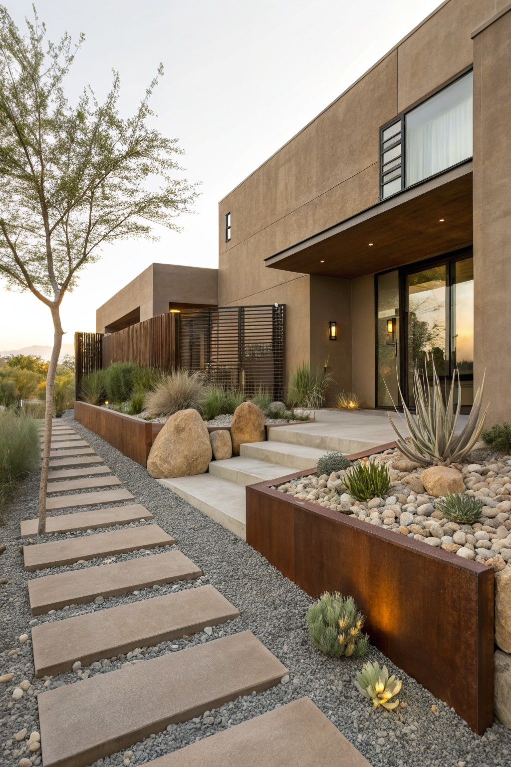 Modern brown house exterior featuring a straight pathway of large concrete stepping stones set in light gray gravel, bordered by corten steel planters with succulents, agaves, and boulders, leading to concrete steps and a glass entry door.