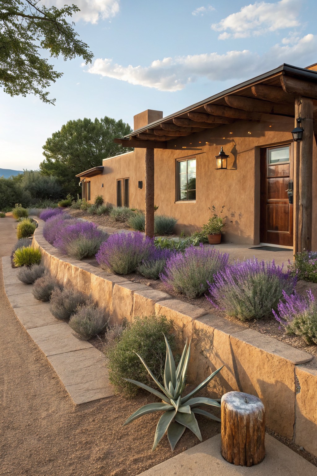 Brown adobe house with wooden door and porch, flanked by a curved terraced stone retaining wall densely planted with lavender bushes, agave, and gravel path.