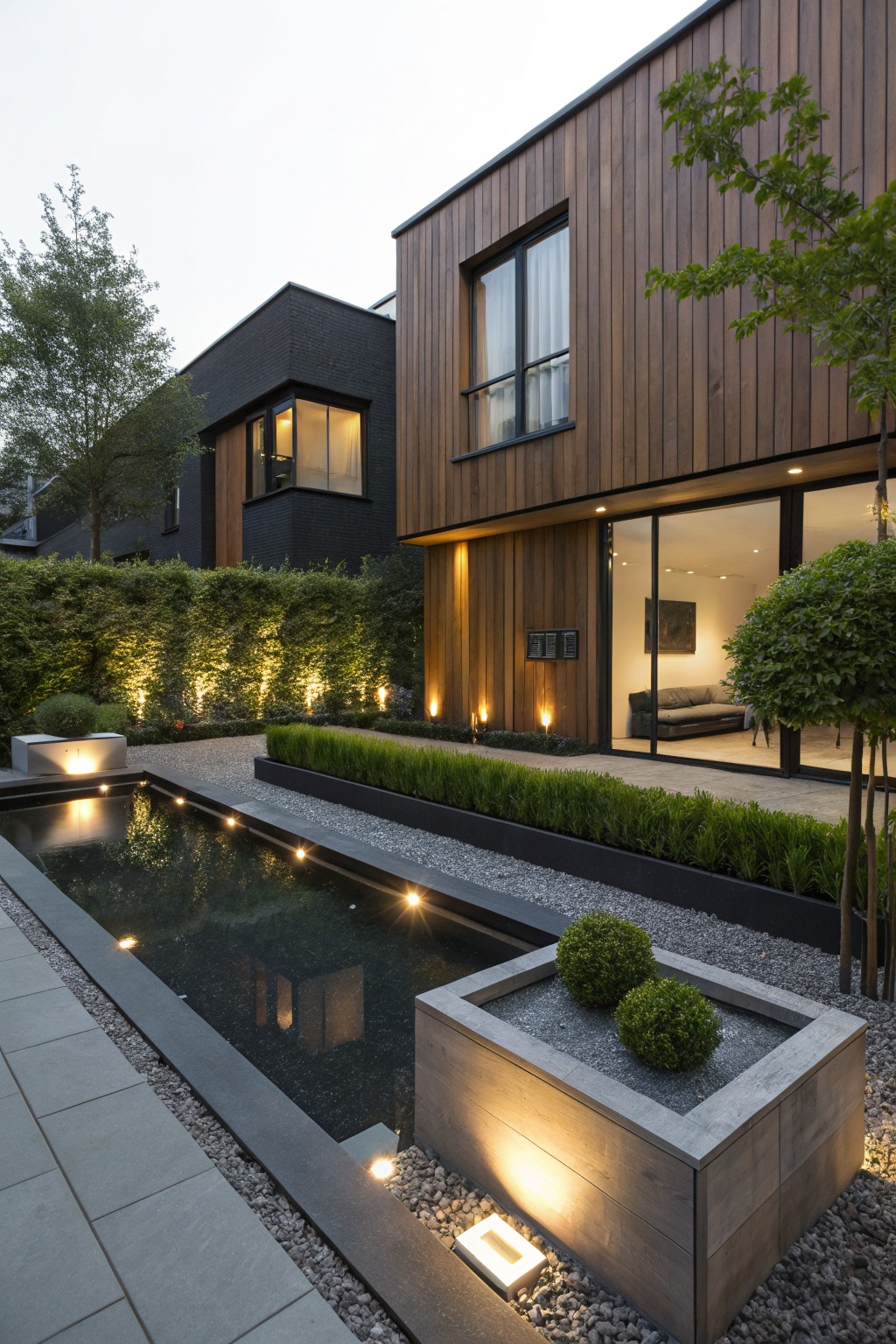 Evening view of a modern house with brown vertical wood cladding, black brick accents, large glass doors, and a narrow black reflecting pool edged with lights, gravel paths, boxwood hedges, and wooden planters in a landscaped backyard.
