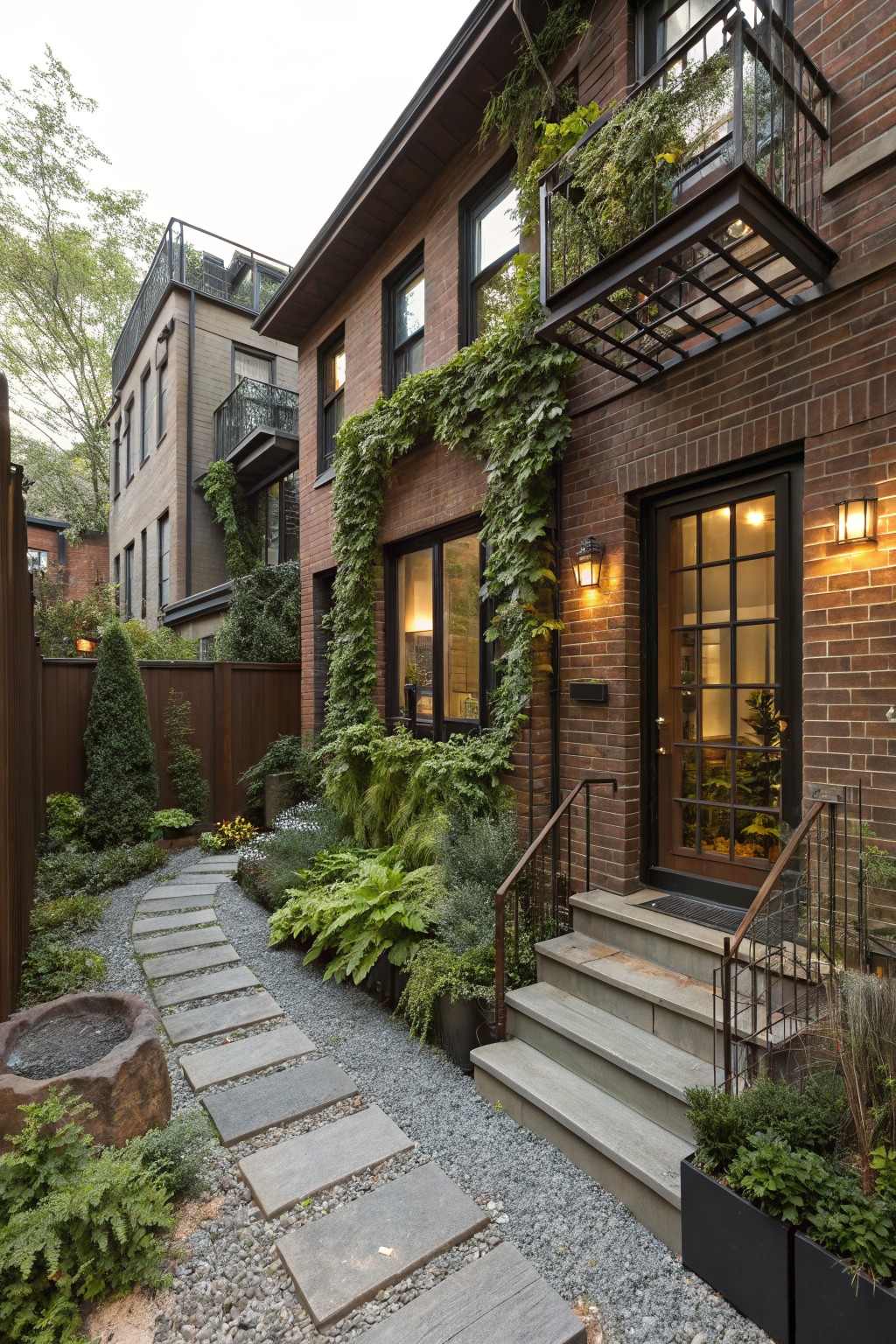 Brown brick house exterior with ivy climbing the walls, a metal balcony with plants, stone slab pathway through gravel and surrounded by ferns and greenery leading to front steps and glass door with lanterns.