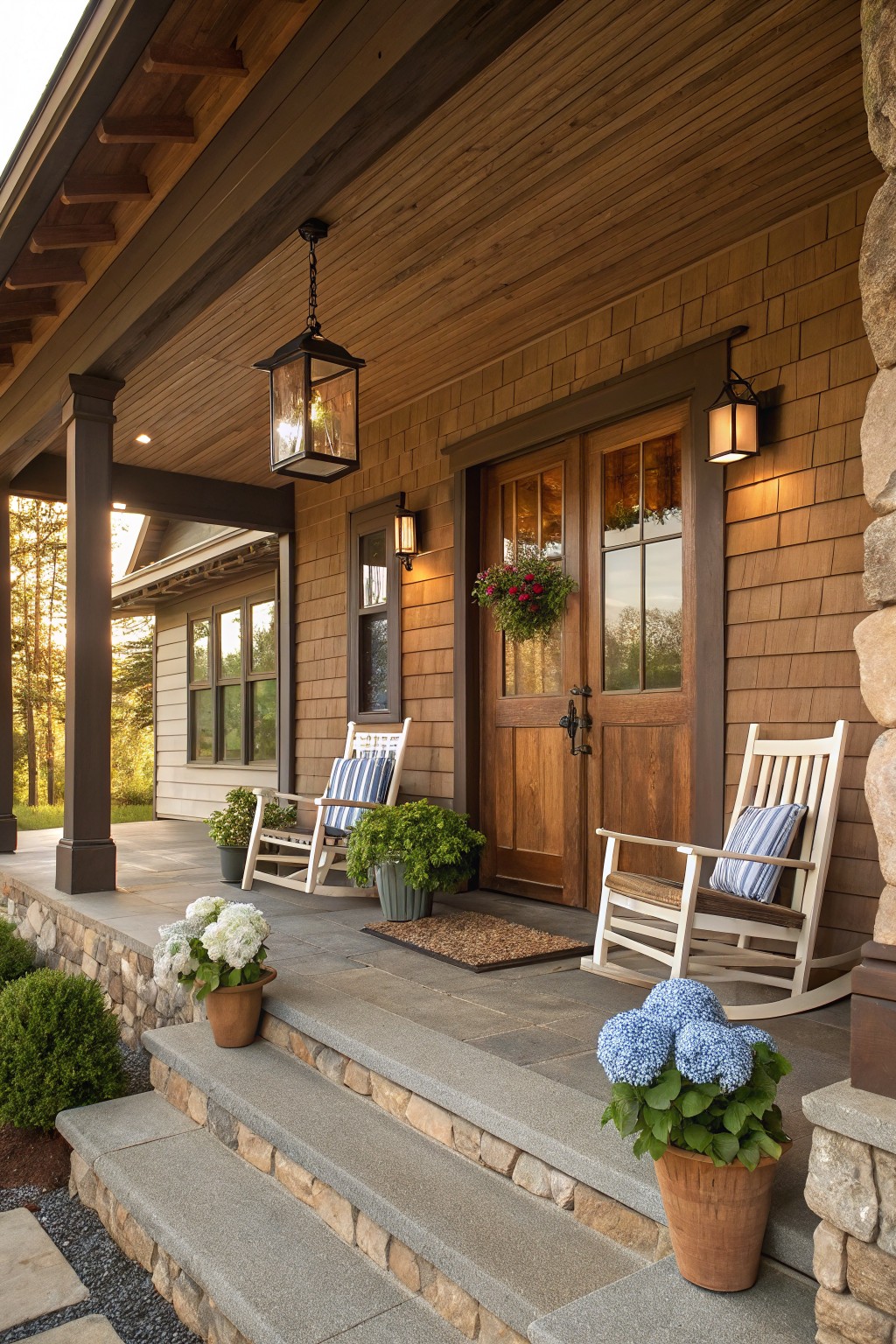 Brown shingle house front porch with double wooden doors, lanterns, hanging flower basket, two white Adirondack chairs with blue cushions, and terracotta pots of white and blue hydrangeas on gray stone steps and porch deck.