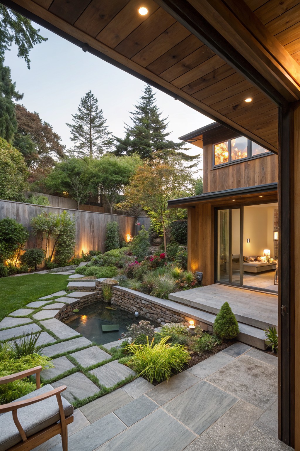 Wooden deck patio with gray slate pavers, grass patches, and irregular stepping stones leading to a rectangular stone-lined koi pond with illuminated water, lush plants, and a wooden chair nearby; modern brown cedar-clad house with open sliding glass doors to bedroom interior, backyard fence, and trees in background.